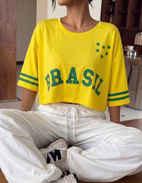 Blusa Cropped Feminino Camiseta Oversized Copa Do Mundo Brasil 2026