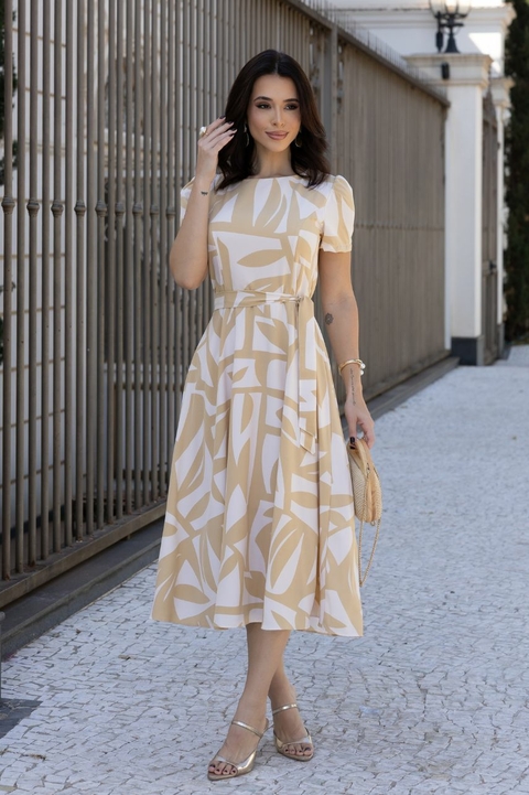 Vestido Lorena Bege Geométrico Estampado