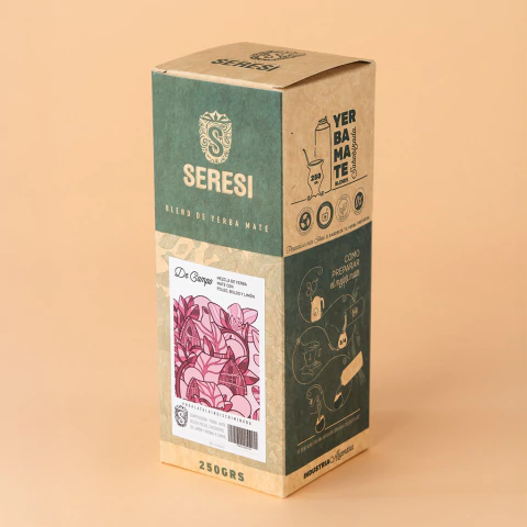 Envase de cartón rectangular de Yerba Mate Gourmet orgánica SERESI De Campo, blend con poleo, boldo y limón, diseño en tonos verde y marrón con ilustración decorativa