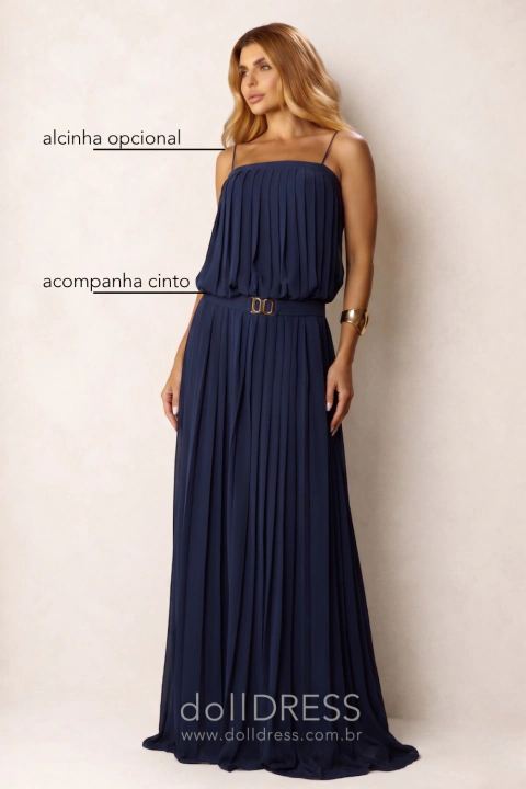 Vestido de Festa Longo Azul Marinho Amplo Chiffon Plissado – Mirella - comprar online