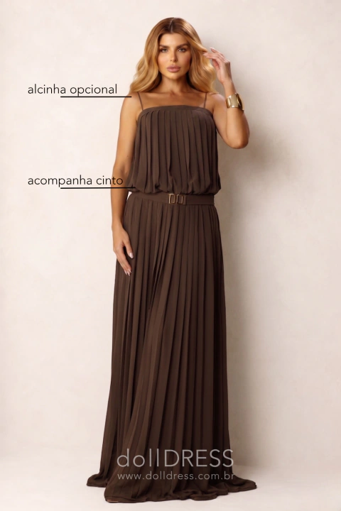 Vestido de Festa Longo Marrom Amplo Chiffon Plissado – Mirella - comprar online