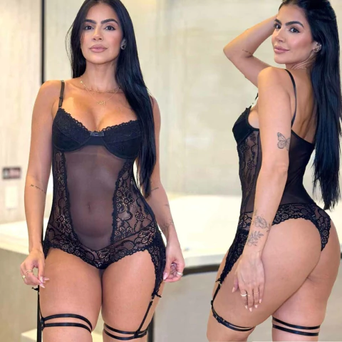 Body Renda Tule Com Cinta Liga