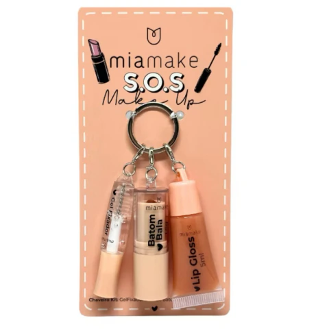 Kit Chaveiro S.O.S Make Up Com Gel fixador, Batom e Gloss Mia Make Cor 1 Marrom