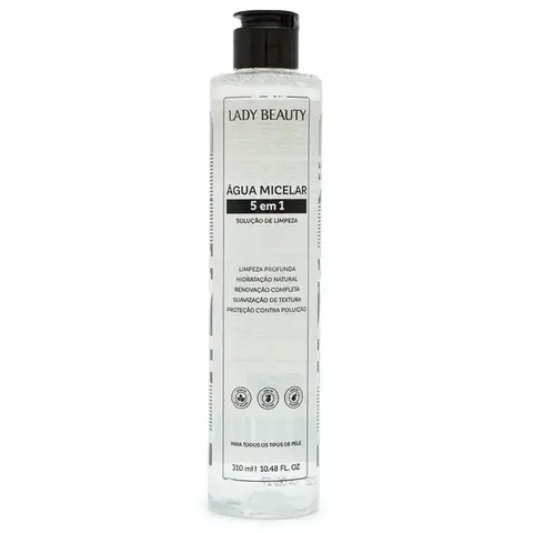 Frasco transparente de água micelar 5 em 1 da marca Lady Beauty com tampa preta
