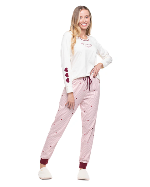 Pijama Feminino Manga Longa Corações