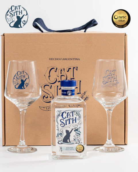 Box Kraft Cat Sith Spicy ( London Dry Gin ) Bot. 700 cc. + 2 Copas Brunello c/ logo Cat Sith Gin