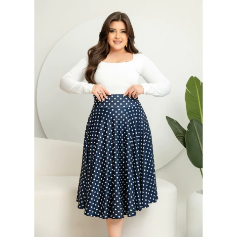 Conjunto Body Branco E Saia Midi Póa Azul Escuro - comprar online