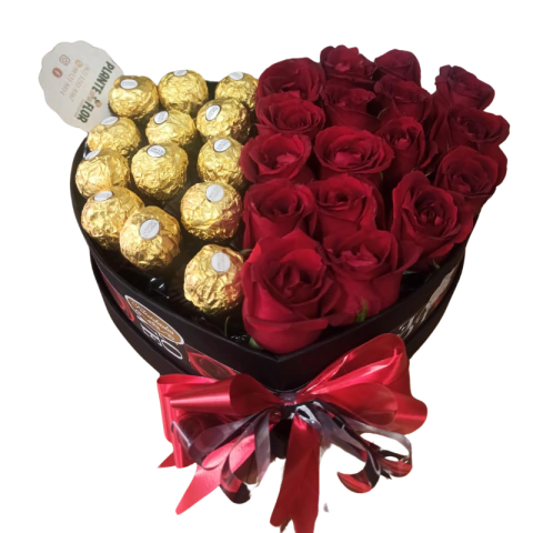 Box Coração De Rosas Vermelhas com Chocolates