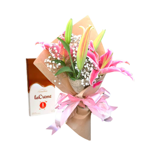 Ramalhete de Lírio Rosa Escuro + La Creme Cacau Show