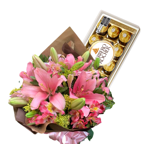 Buquê de Lírios Rosa Claro + Ferrero Rocher 150g