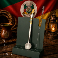 Bomba de Chimarrão Mil Furos Full Inox 24 cm com Brasão RS e Bocal Dourado