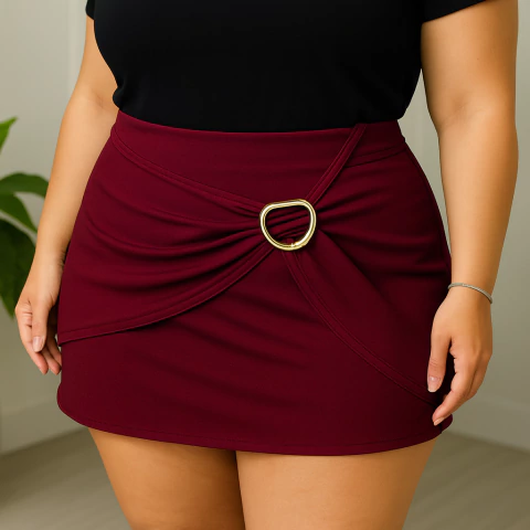 Saia‑Short Scuba Crepe Premium (G/ GG) – Cintura Alta, Argola Ajustável, Zero Transparência(Bege,54) - comprar online