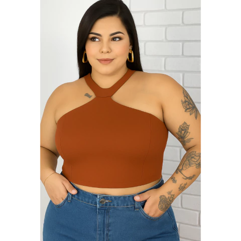 Cropped Feminino Plus Size G ao G2 - Alça Cruzada Scuba Liverpool(Terracota Escuro,42) - comprar online