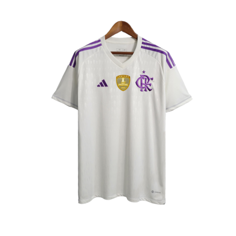 Camisa Flamengo II 23/24 Torcedor Masculina - Branco com detalhes em roxo com todos os patrocinio