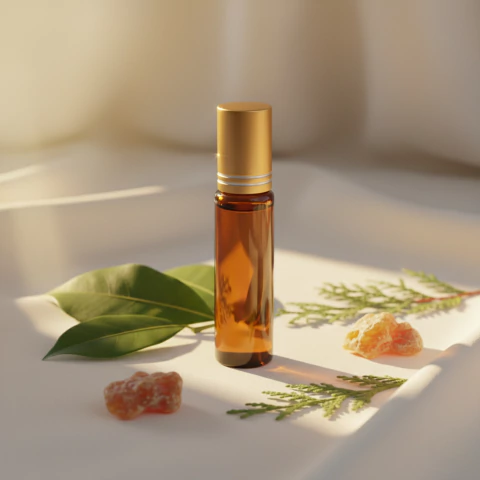 Frasco de roll-on âmbar com tampa dourada sobre tecido branco, acompanhado de folhas verdes e resina amarela