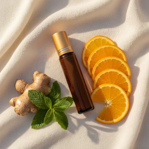 Frasco de Blend Roll-On Energia Vital ao lado de gengibre, folhas de hortelã e fatias de laranja sobre tecido claro