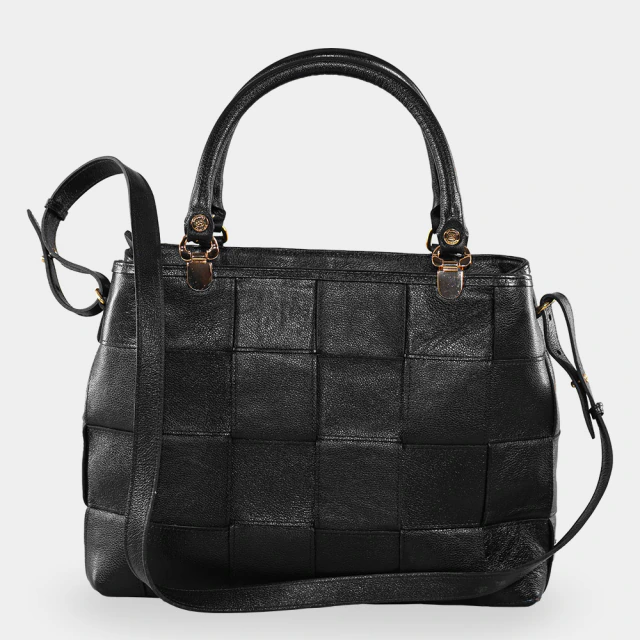 Bolsa Tote Preta Couro Trançado com Alça Transversal