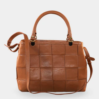 Bolsa Tote Camel Couro Trançado com Alça Transversal