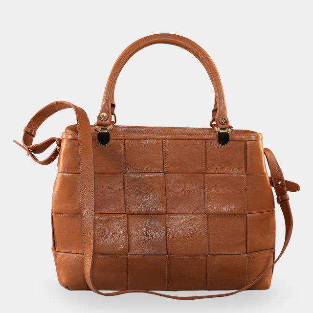 Bolsa Tote Camel Couro Trançado com Alça Transversal