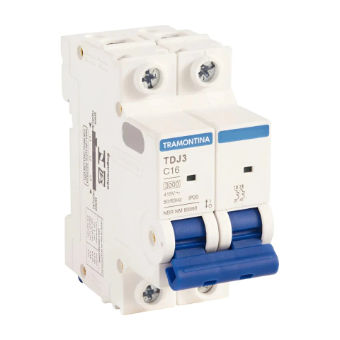 Disjuntor bipolar Tramontina curva C com alavancas azuis, modelo TDJ3, 16 amperes, para proteção elétrica residencial e industrial