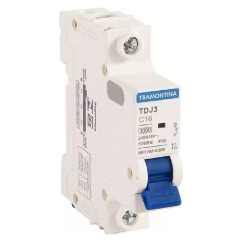 Disjuntor monopolar branco Tramontina com alavanca azul, modelo TDJ3 C16, usado para proteção elétrica