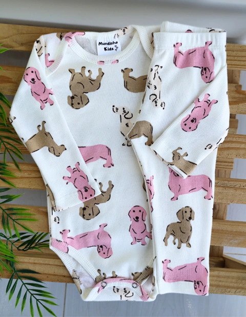 Kit 6 Peças Body e Calça Bebê Canelado Menina 3 Body 3 Calças