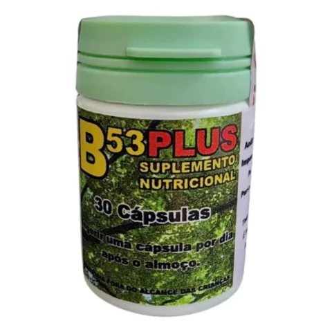 Frasco do suplemento B53 Plus 30 cápsulas com rótulo verde em destaque em fundo branco.