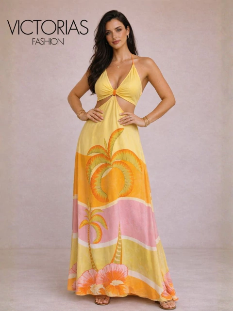 Vestido Longo Decote V Costas Nua Estampa Tropical Fundo Multicor - comprar online