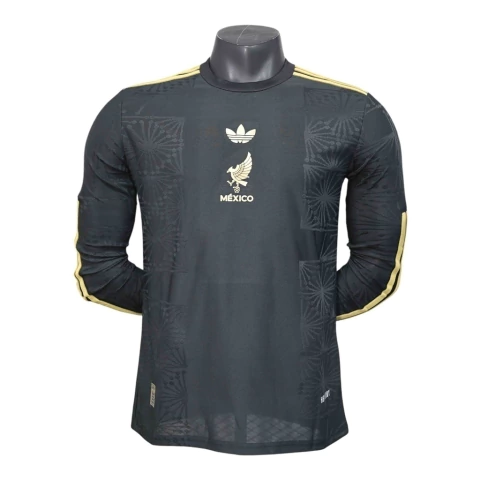 Camisa Seleção México I 25/26 manga longa - Jogador Adidas Masculina - Preta com detalhes em dourado