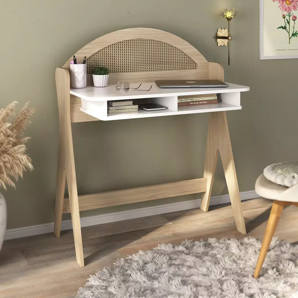 Escritorio ceci compacto con estantes y arco