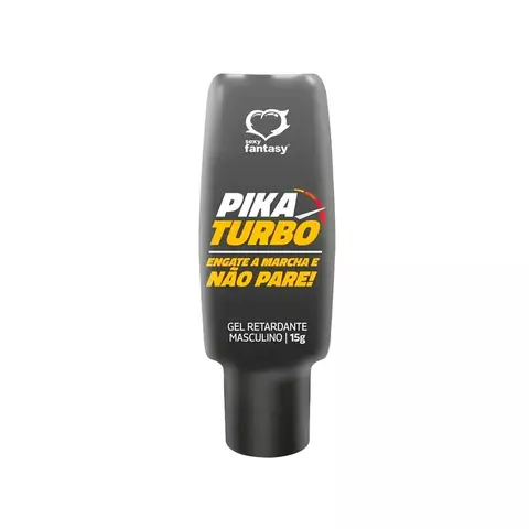 Gel retardante masculino Pika Turbo Sexy Fantasy 15g, produto íntimo desenvolvido para ajudar a prolongar o tempo da relação e melhorar o controle masculino, apresentado em embalagem preta com design esportivo.