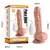 Prótese dildo com autoaquecimento em cor pele, controle remoto branco com botões, medidas indicadas ao lado, embalagem ao fundo com texto promocional
