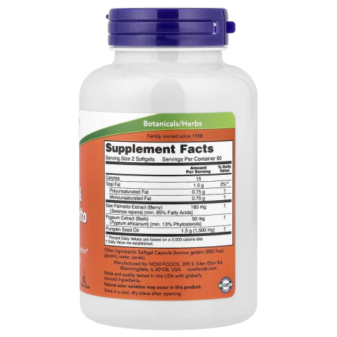 Saw Palmetto & Pygeum con Aceite de Semilla de Calabaza (NOW Foods) - 120 Cápsulas Blandas