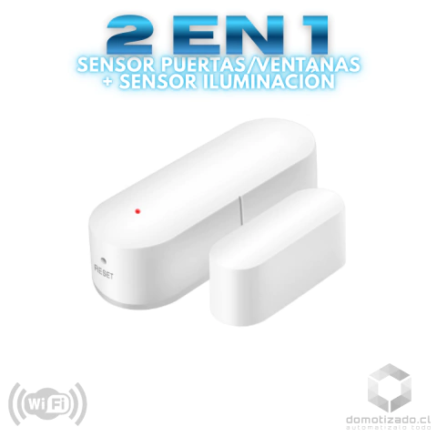 Sensor WiFi que combina detección de apertura de puertas o ventanas con medición de iluminación para automatizaciones en el hogar inteligente.