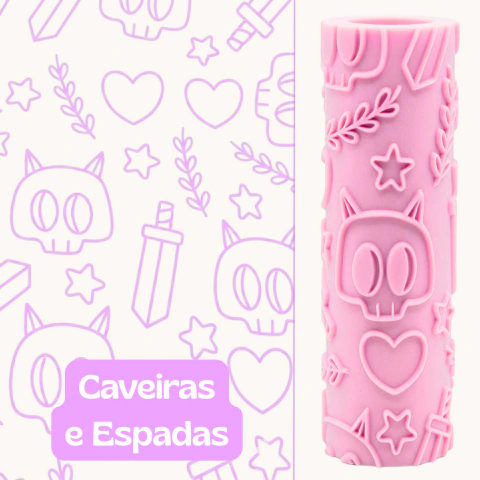 Caveiras e Espadas | Rolinho de Textura para Massa Cerâmica Fria Biscuit Biscoitos e Pasta Americana