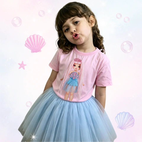 CamisetaInfantil Adelele Sereia com 3 Looks Removível + Bolsa Glitter