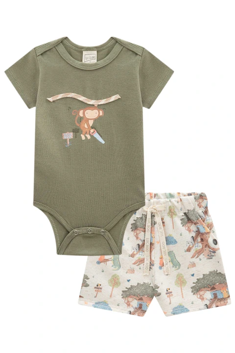 Conjunto Infantil Luc Boo Body Manga Curta e Bermuda Verde Hunter Dinossauro