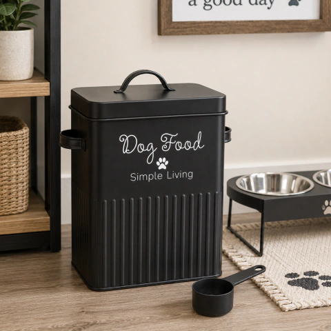 Lata Rectangular Negra para Alimento de Perros con Cuchara