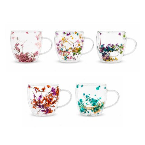 Jarro mug 250ml doble vidrio con flores
