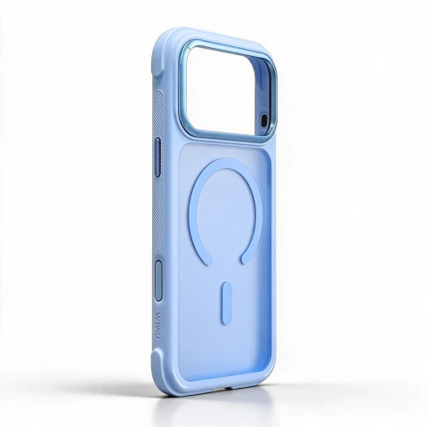 Case AeroArmor Pro Light Blue, vista de tres quartos mostrando a lateral ranhurada