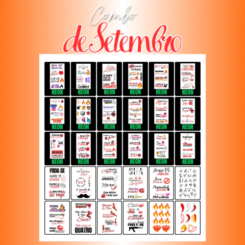 164 tatuagens – Combo de Setembro. Novas cartelas inclusas: 30 cartelas, sendo 18 neon e 12 normais