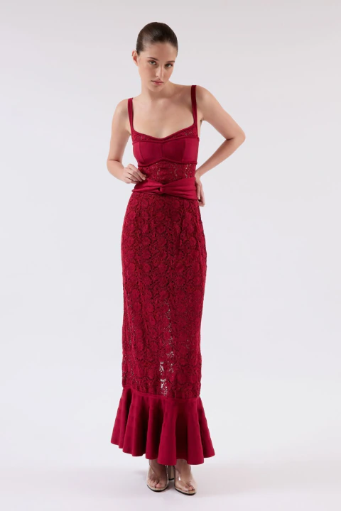 VESTIDO LONGO COM BABADO GUIPURE FLORAL RAFAELA - comprar online