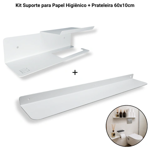 Kit Suporte para Papel Higiênico + Prateleira Multiuso 60x10cm