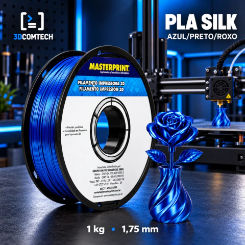 Filamento MasterPrint PLA Silk Tricolor Azul/Preto/Roxo 1kg 1,75mm