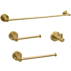 Kit Acessorios Banheiro Dourado Escovado Redondo Inox 4pçs - Toalheiro Simples + Porta toalha reto + Papeleira + Cabide