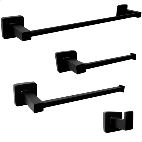Kit Acessorios Banheiro Preto Quadrado Metal 4pçs - Toalheiro Simples 40cm + Porta Toalha Reto + Papeleira + Cabide