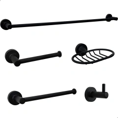 Kit Acessórios Banheiro Preto Redondo Metal 5pçs - Toalheiro Simples 60cm + Porta Toalha Reto + Papeleira + Cabide + Saboneteira