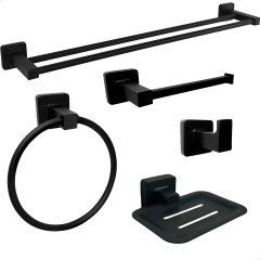 Kit Acessórios para Banheiro Preto Fosco 5 Pçs Inox 304 - Toalheiro Duplo 60 cm + Argola + Cabide + Papeleira + Saboneteira