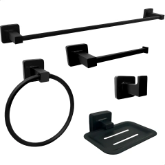 Kit Acessorios Banheiro Preto Quadrado Metal 5pçs - Toalheiro Simples 60cm + Porta Toalha Argola + Papeleira + Cabide + Saboneteira