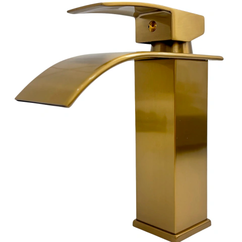 Torneira Monocomando Dourada Escovada Baixa Quadrada Inox